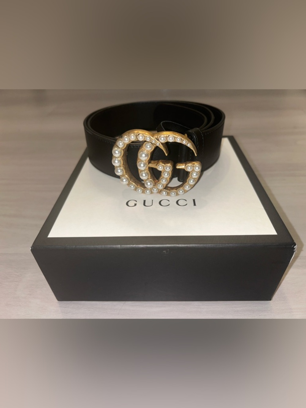 Gucci Black Leather Belt with Gold Pearl-Studded Double G Buckle